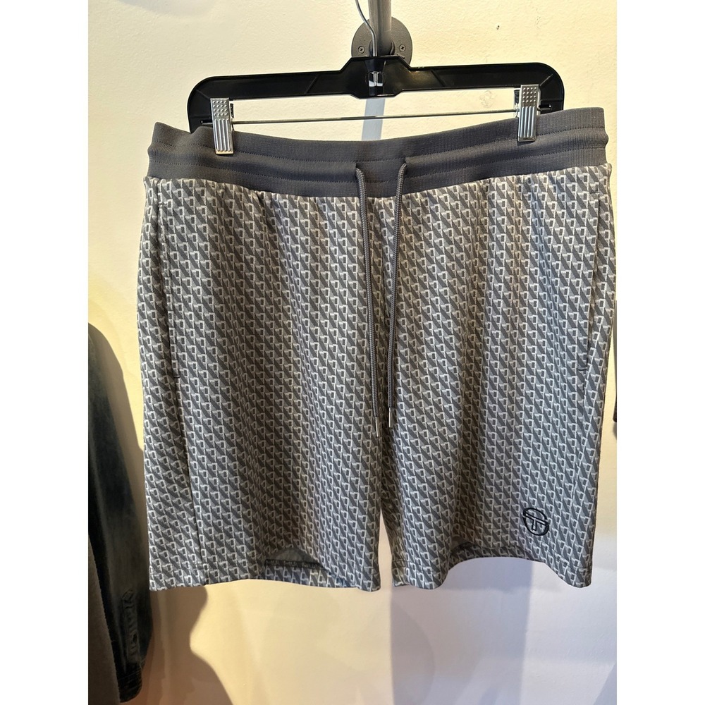 Sergio Tacchini‎ Mens Grey Monogram Geometric Print Drawstring Athletic Shorts L